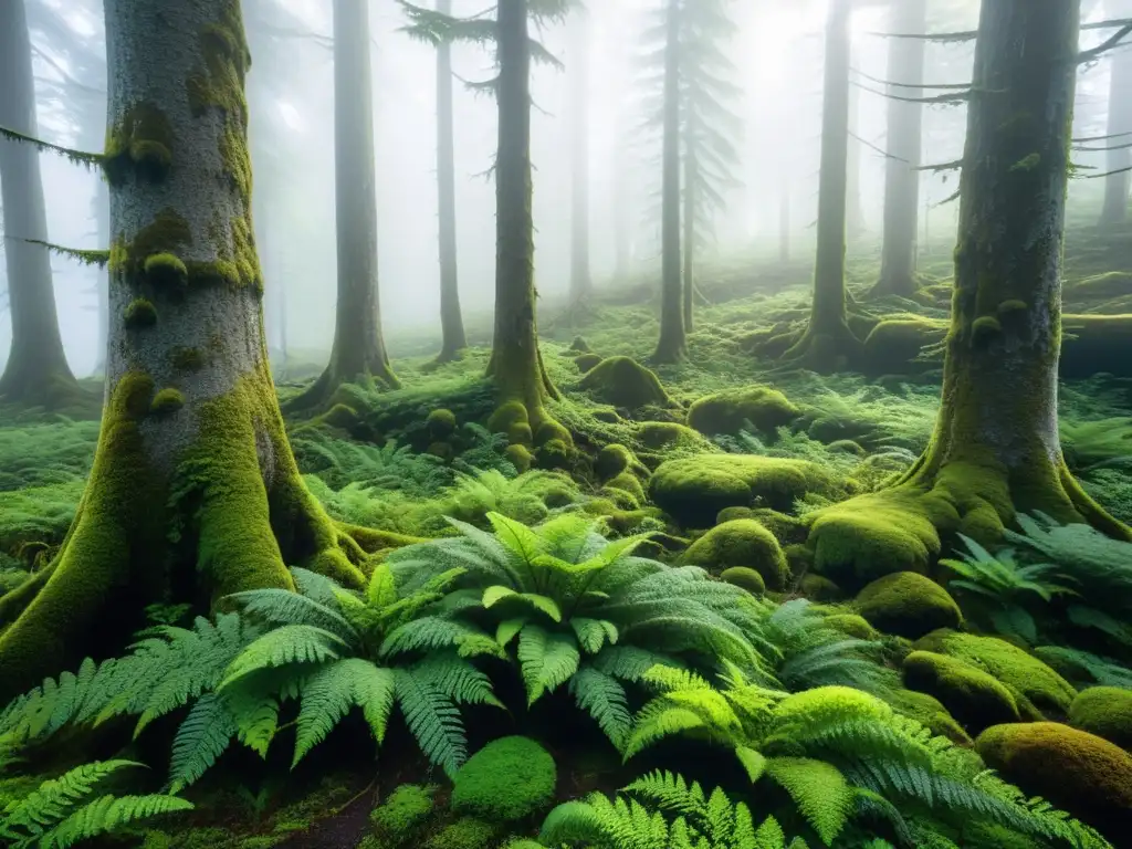 Exuberante bosque en Tierra del Fuego Patagonia, con vegetación verde vibrante, árboles imponentes y atmósfera mística