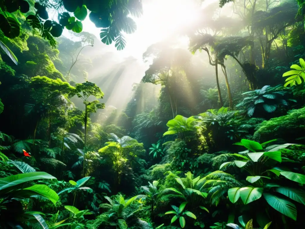 Un exuberante bosque tropical con árboles frondosos, vegetación vibrante y vida silvestre