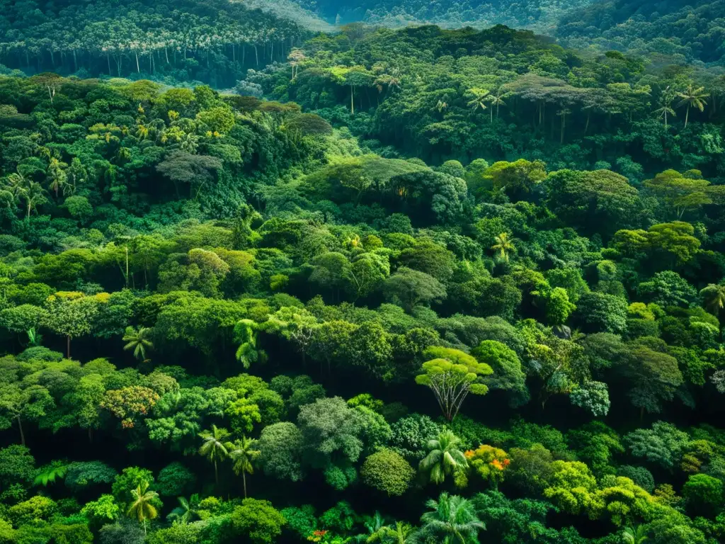 Un exuberante bosque tropical con árboles majestuosos, vegetación frondosa y vida silvestre variada