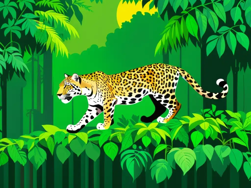 Un exuberante bosque tropical, con jaguar, aves tropicales y monos aulladores, captura la compleja cadena alimenticia en la selva tropical