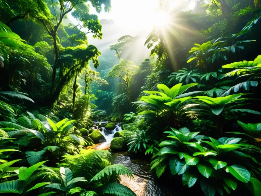 Exuberante bosque tropical con diversa vida vegetal y un arroyo, evocando la preservación de ecosistemas