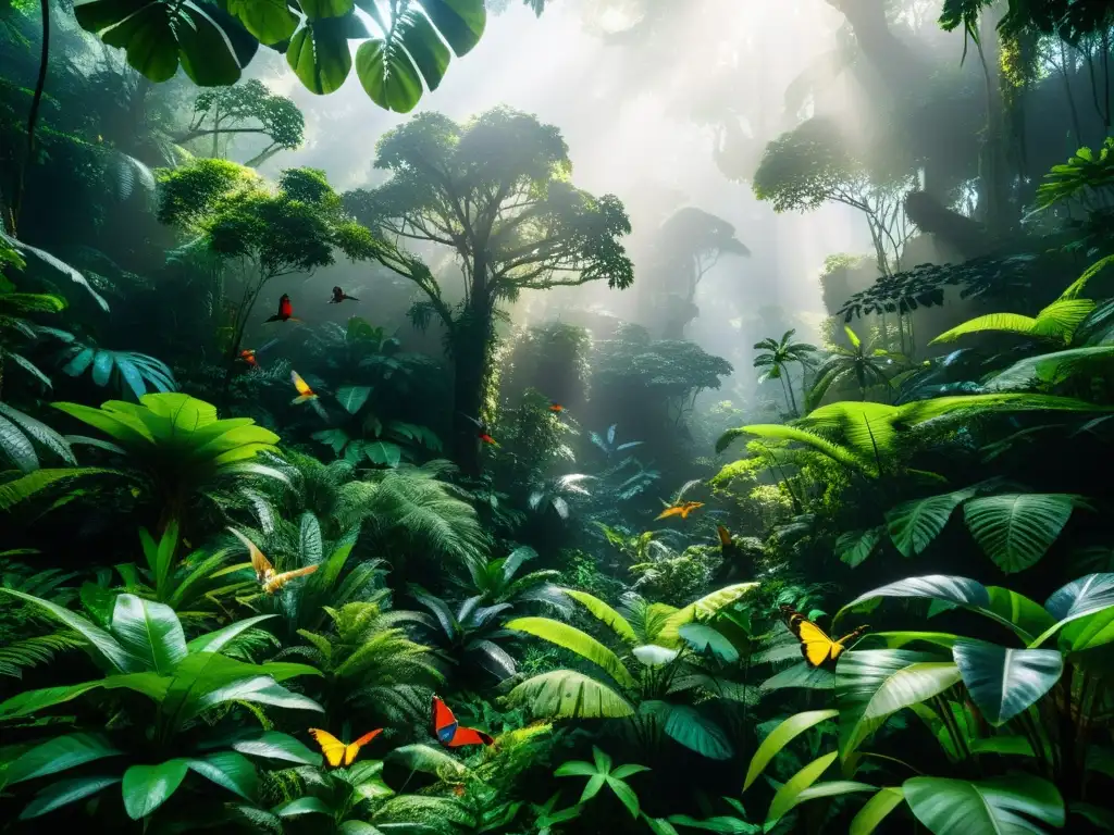 Un exuberante bosque tropical con diversa vida silvestre