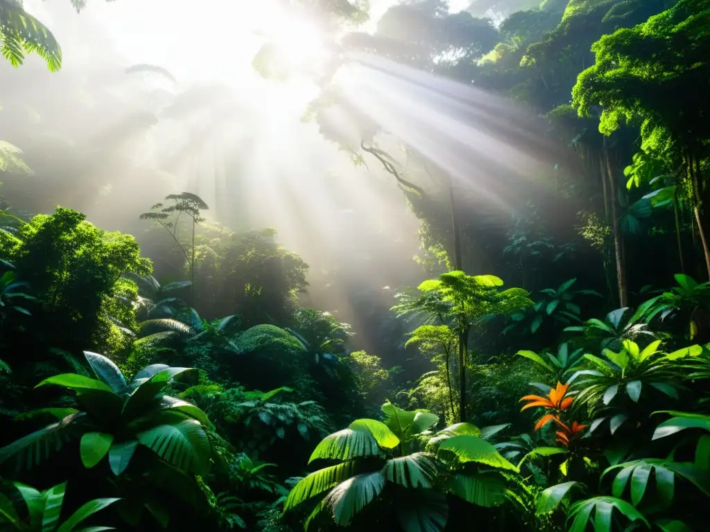 Un exuberante bosque tropical con una diversa vida silvestre y un juego de luz y sombra