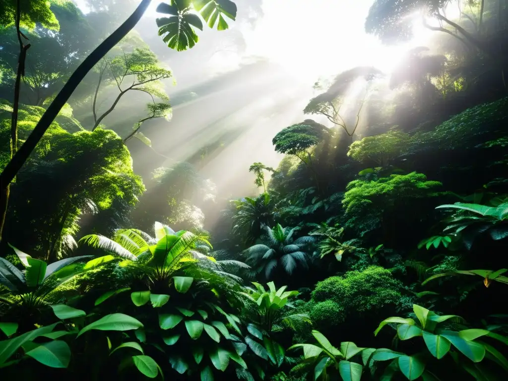 Un exuberante bosque tropical con una diversidad de vida silvestre, árboles imponentes y una rica vegetación