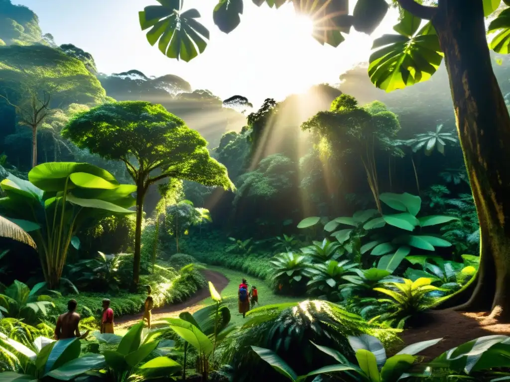 Un exuberante bosque tropical con frutas y nueces exóticas, luz solar filtrada y personas indígenas recolectando recursos naturales selvas tropicales