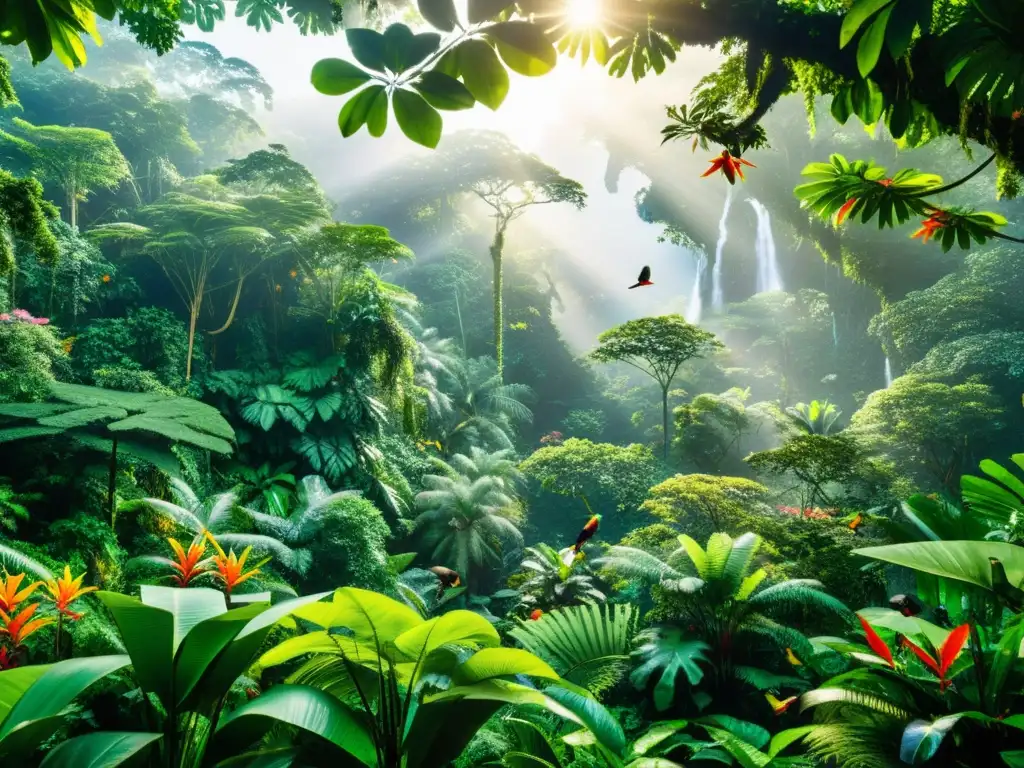 Un exuberante bosque tropical rebosante de vida, con diversidad de especies vegetales y animales