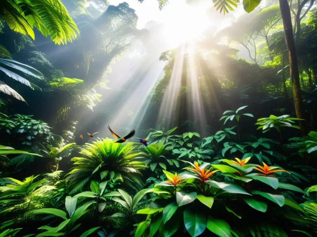 Un exuberante bosque tropical con vida silvestre y conservacionistas plantando árboles