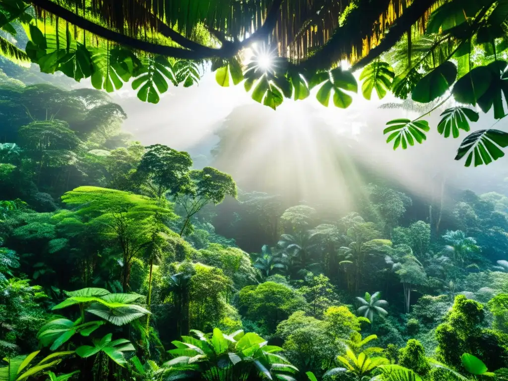 Un exuberante bosque tropical con vida silvestre diversa y luz solar filtrándose a través de las hojas