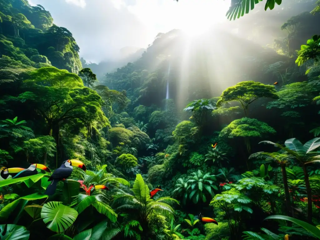 Un exuberante bosque tropical con vida silvestre, árboles verdes y flores tropicales