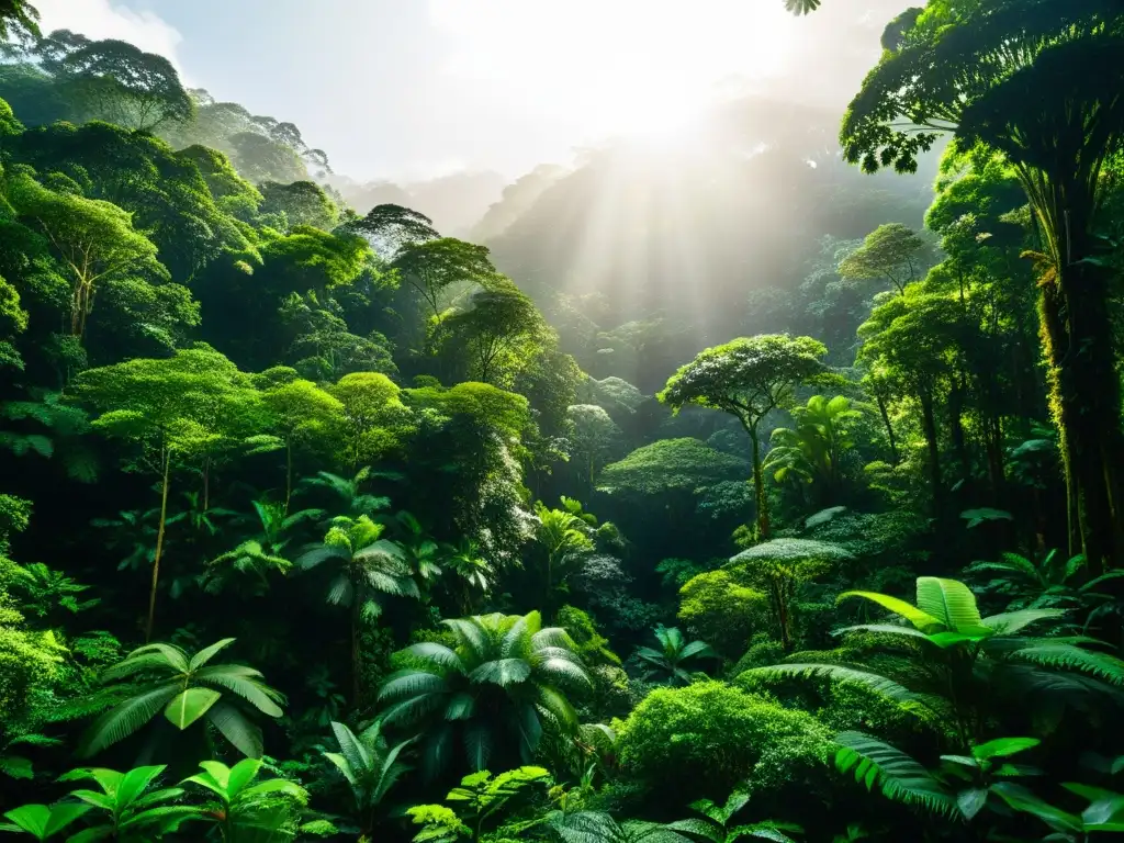 Un exuberante bosque tropical, vital para las Finanzas Climáticas, con árboles altos, plantas vibrantes y luz solar filtrada