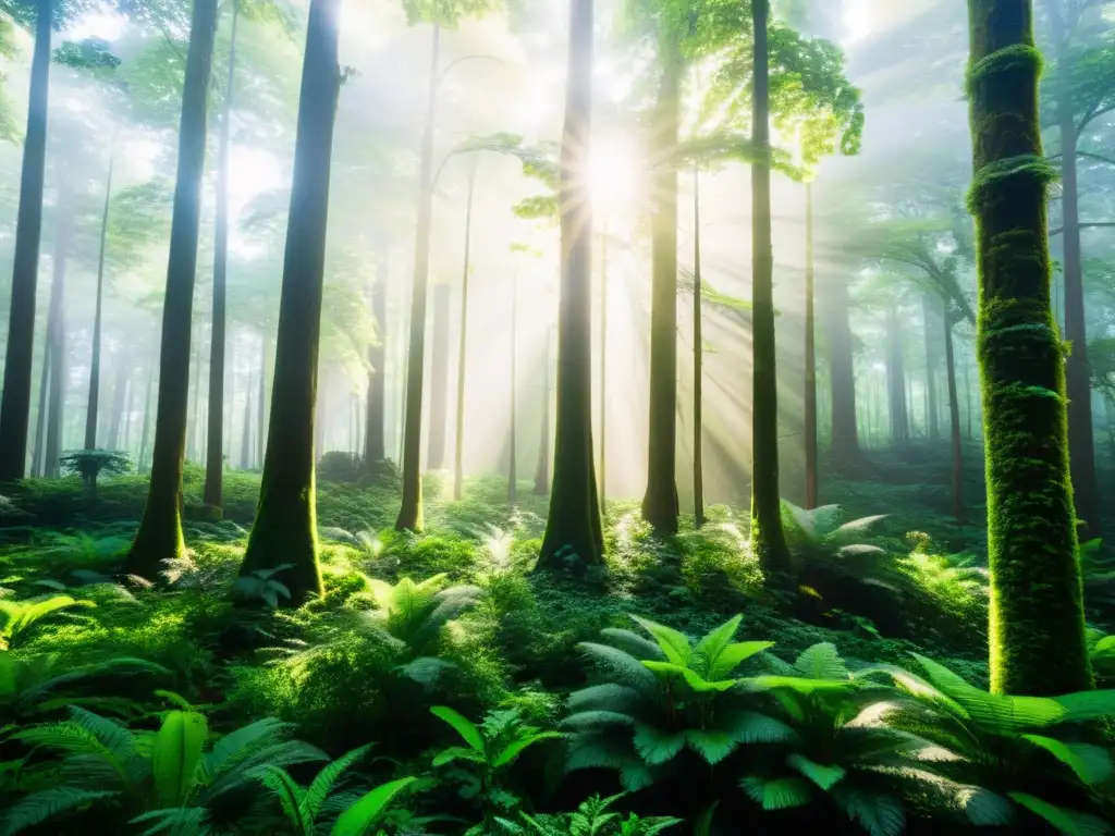 Un exuberante bosque verde con árboles altos y densos que se extienden hacia el cielo, mostrando la riqueza de la biodiversidad