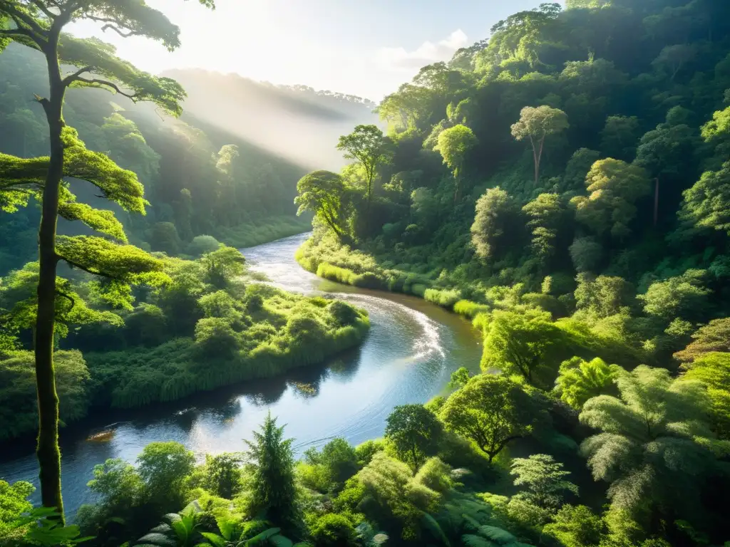 Un exuberante bosque verde con árboles altos, un río serpenteante y una diversa vida silvestre