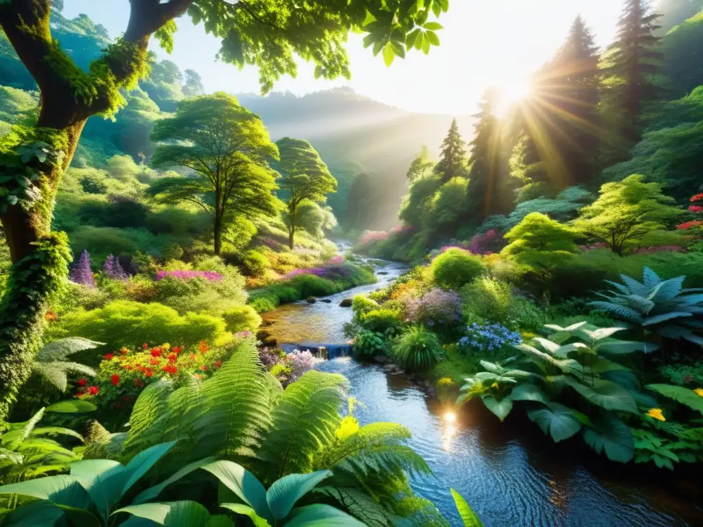 Un exuberante bosque verde con luz solar filtrándose a través del dosel, resaltando follaje vibrante y diversa vida vegetal