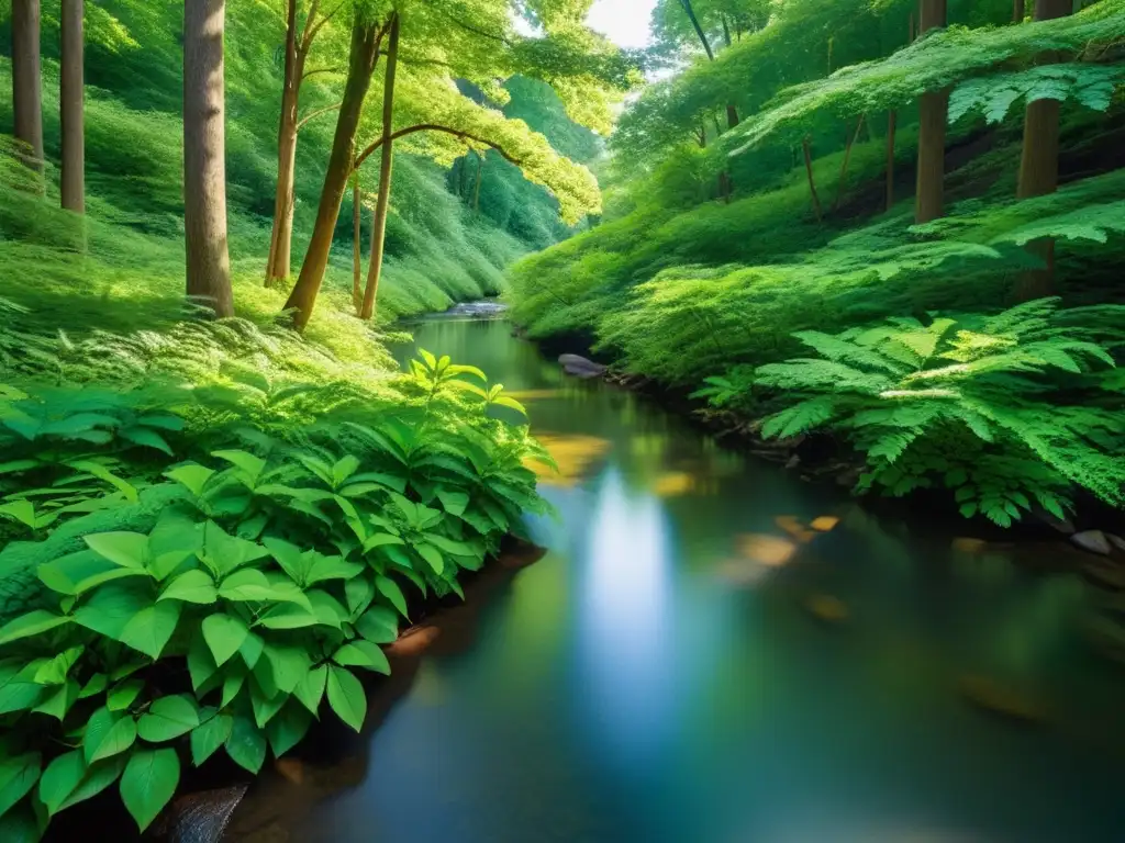 Un exuberante bosque verde con luz solar filtrándose a través del dosel denso, iluminando el follaje verde vibrante y creando sombras moteadas en el suelo del bosque