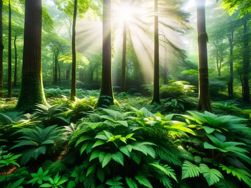 Un exuberante bosque verde rebosante de vida, con luz solar filtrándose a través del dosel y creando un efecto moteado en el suelo del bosque