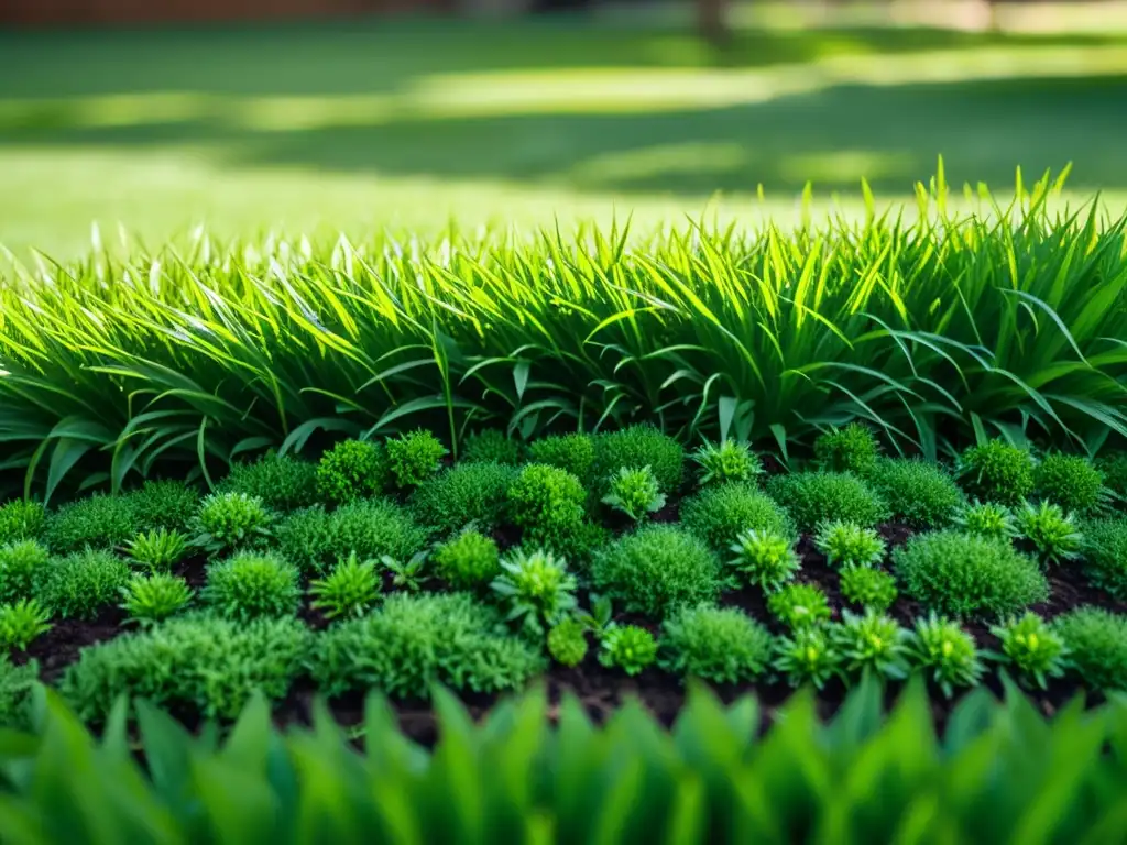 Un exuberante césped ecológico con diversidad de plantas, luz solar filtrándose y vida silvestre