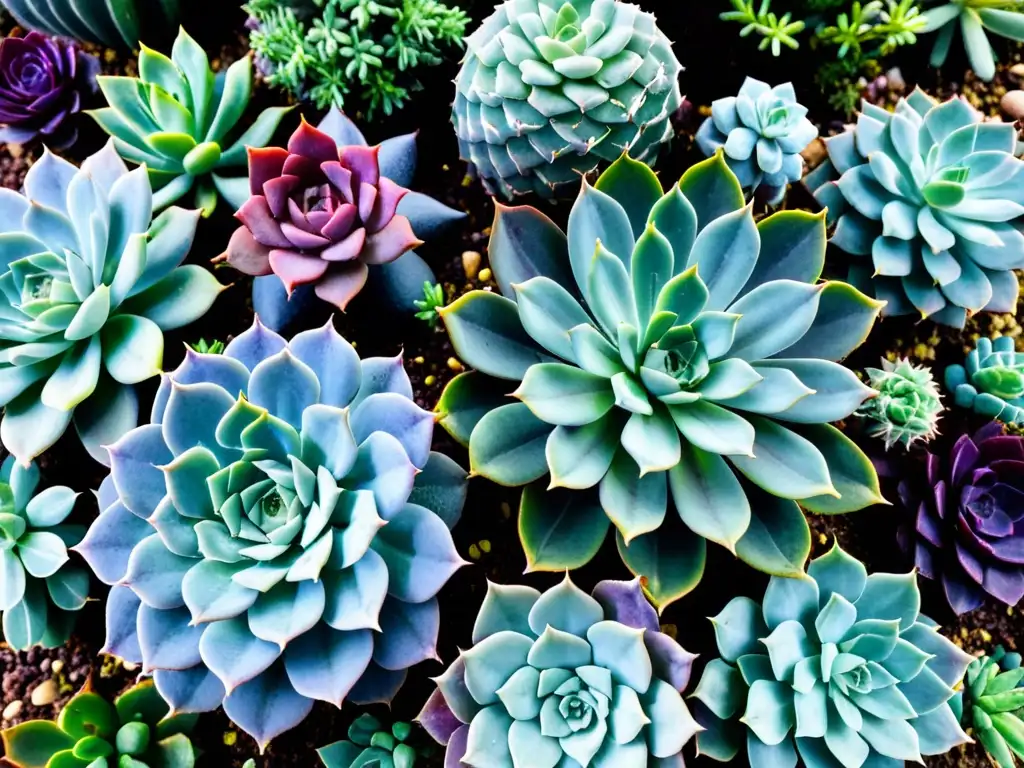 Una exuberante colección de plantas suculentas para jardín ecológico en alta resolución, con patrones y colores vibrantes, bañadas por la luz del sol