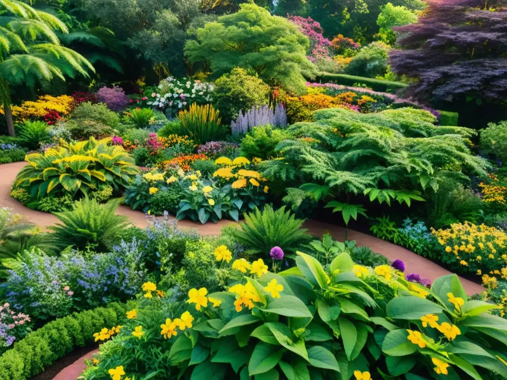 Un jardín botánico exuberante y colorido con flores y plantas vibrantes