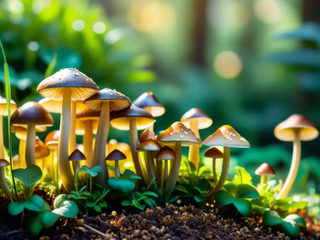 Un jardín exuberante con un cultivo de setas vibrantes y saludables bajo la cálida luz del sol, emanando vitalidad y armonía