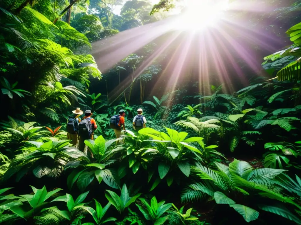 Un exuberante y denso bosque lluvioso rebosante de vida y biodiversidad, con científicos estudiando flora y fauna