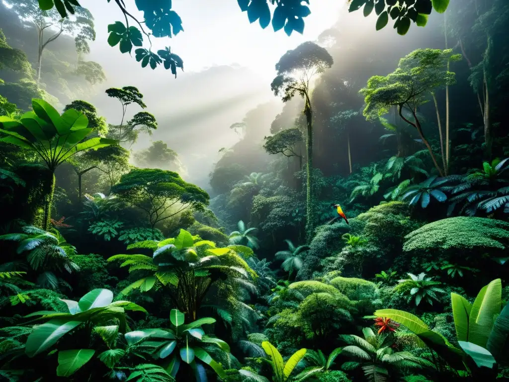 Un exuberante y denso bosque lluvioso con una variedad de vida vegetal vibrante y animales silvestres, transmitiendo armonía natural y biodiversidad