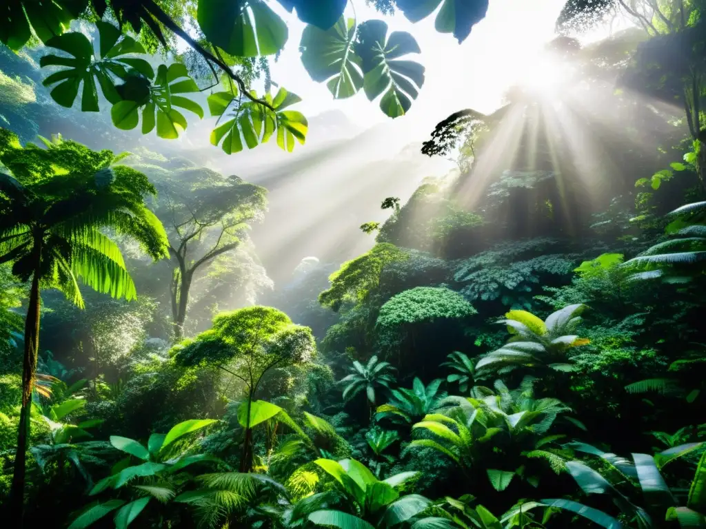 Un exuberante y denso bosque tropical con árboles altos, follaje verde vibrante y una diversa vida silvestre