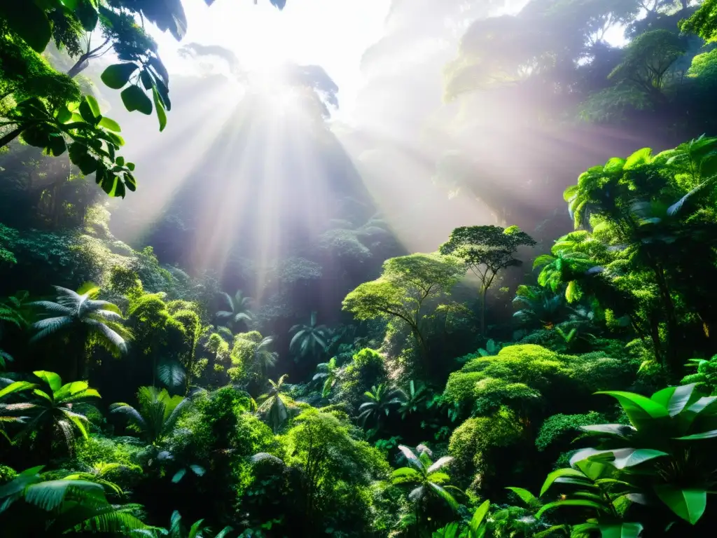 Un exuberante y denso bosque tropical con árboles frondosos, follaje verde vibrante y una diversidad de vida silvestre