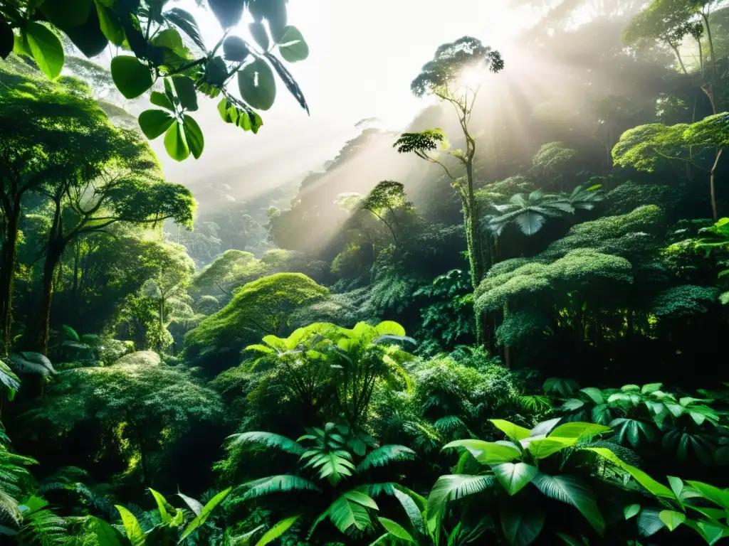 Un exuberante y denso bosque tropical, con una diversa cubierta vegetal, capturando la biodiversidad y belleza natural