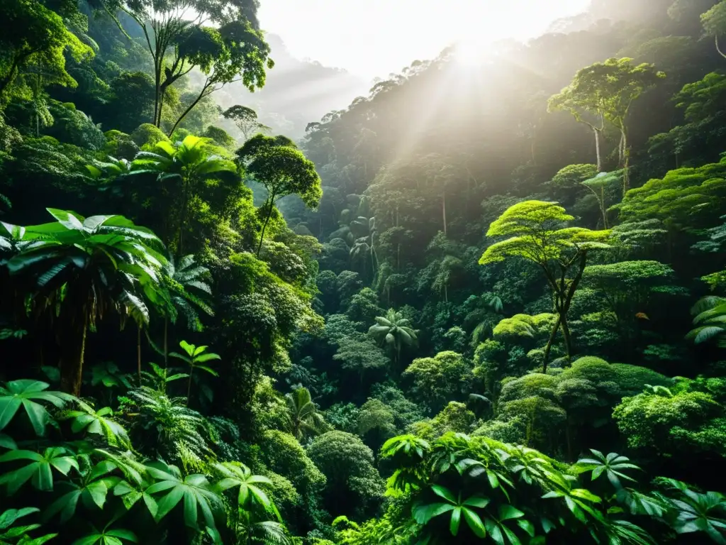 Un exuberante y denso bosque tropical en Borneo, con árboles gigantes y una gran variedad de follaje verde vibrante