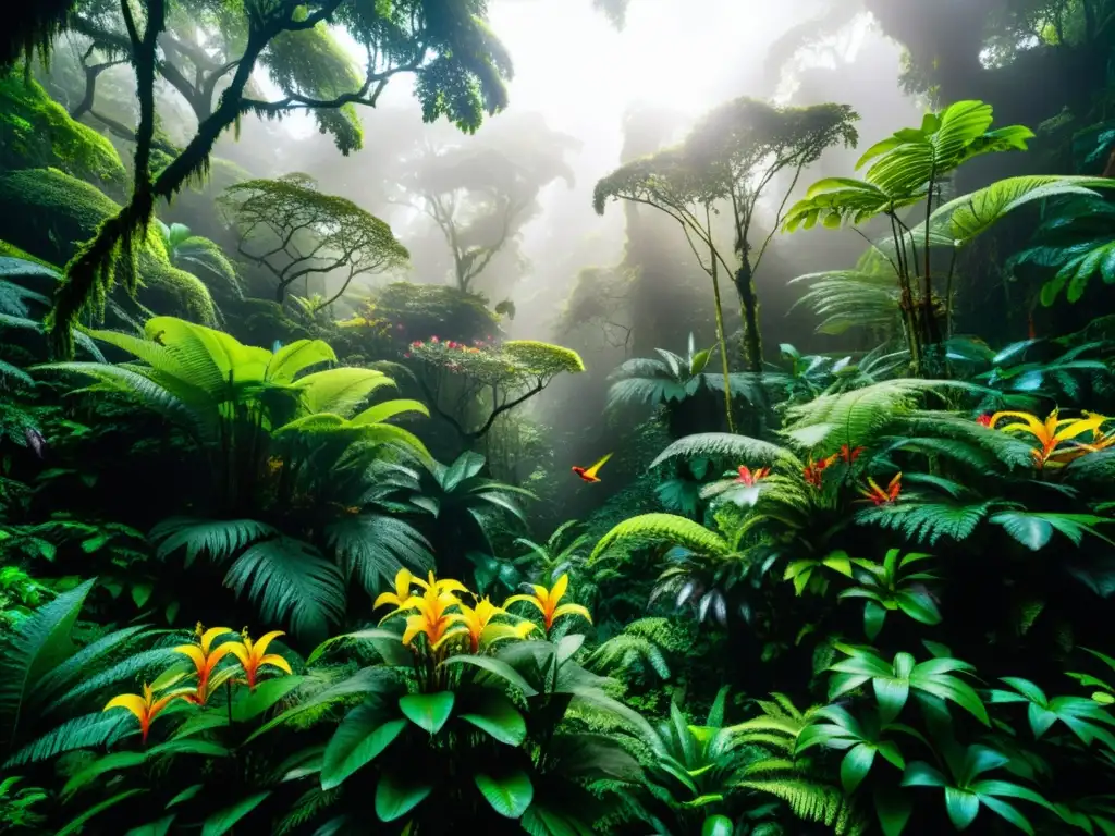 Un exuberante y denso bosque tropical con árboles gigantes alcanzando la luz del sol, enredados con lianas y flores tropicales