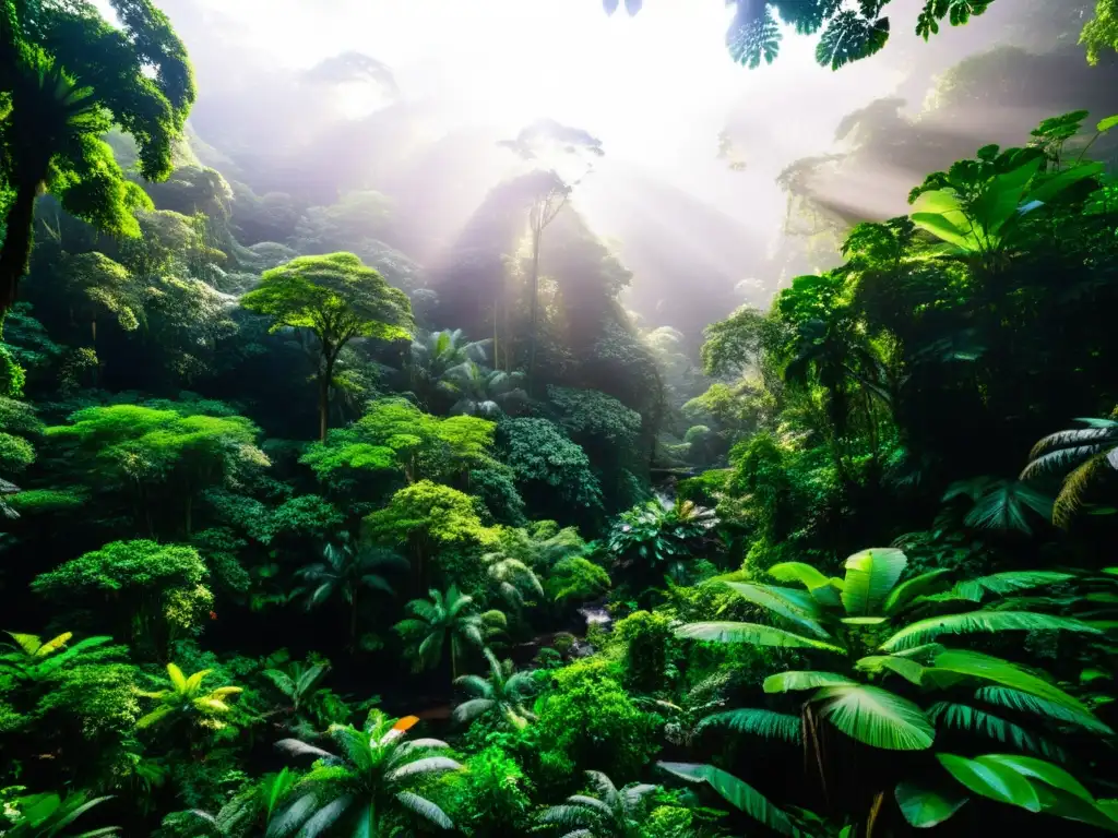 Un exuberante y denso bosque tropical con árboles imponentes, follaje verde vibrante y una diversa variedad de vida silvestre