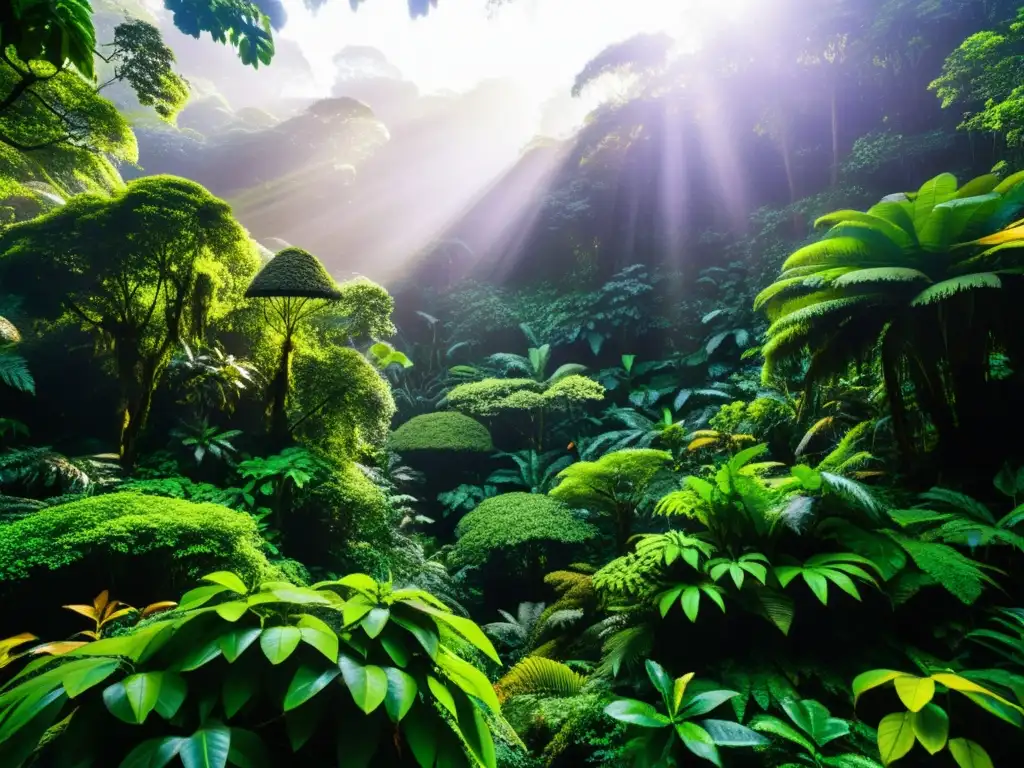 Un exuberante y denso bosque tropical teñido de vida, con árboles imponentes, follaje verde vibrante, aves coloridas y fauna exótica