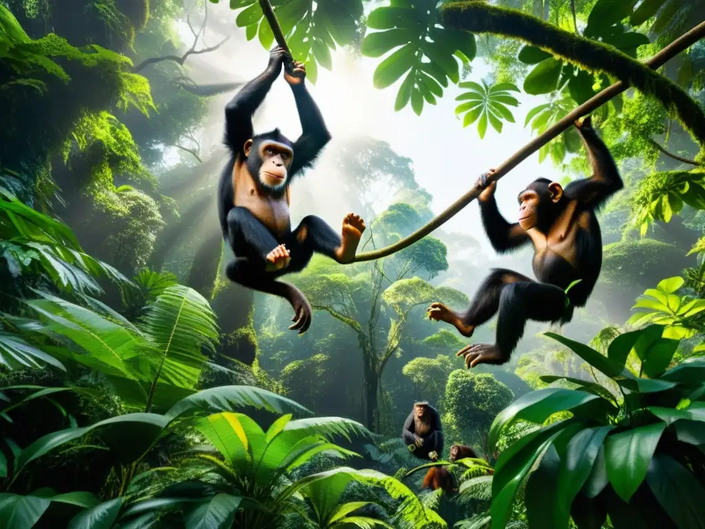 Un exuberante y denso escenario de selva lluviosa con primates no humanos en su hábitat natural, creando un ambiente sereno