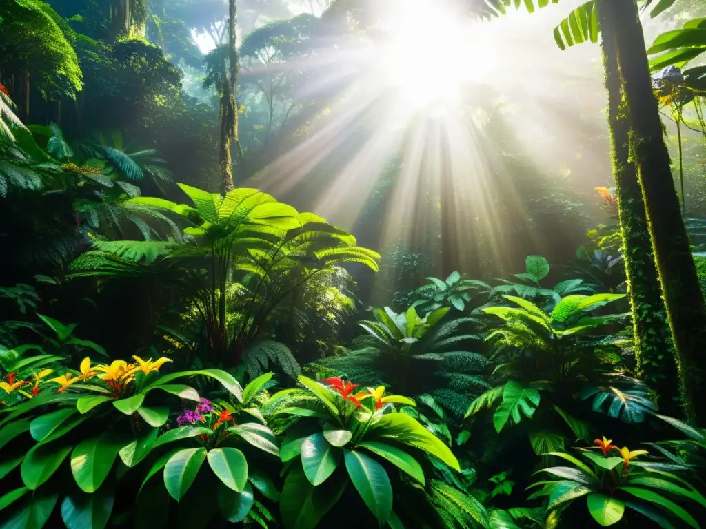 Un exuberante y denso bosque lluvioso con árboles altos, follaje verde vibrante, flores tropicales y vida silvestre