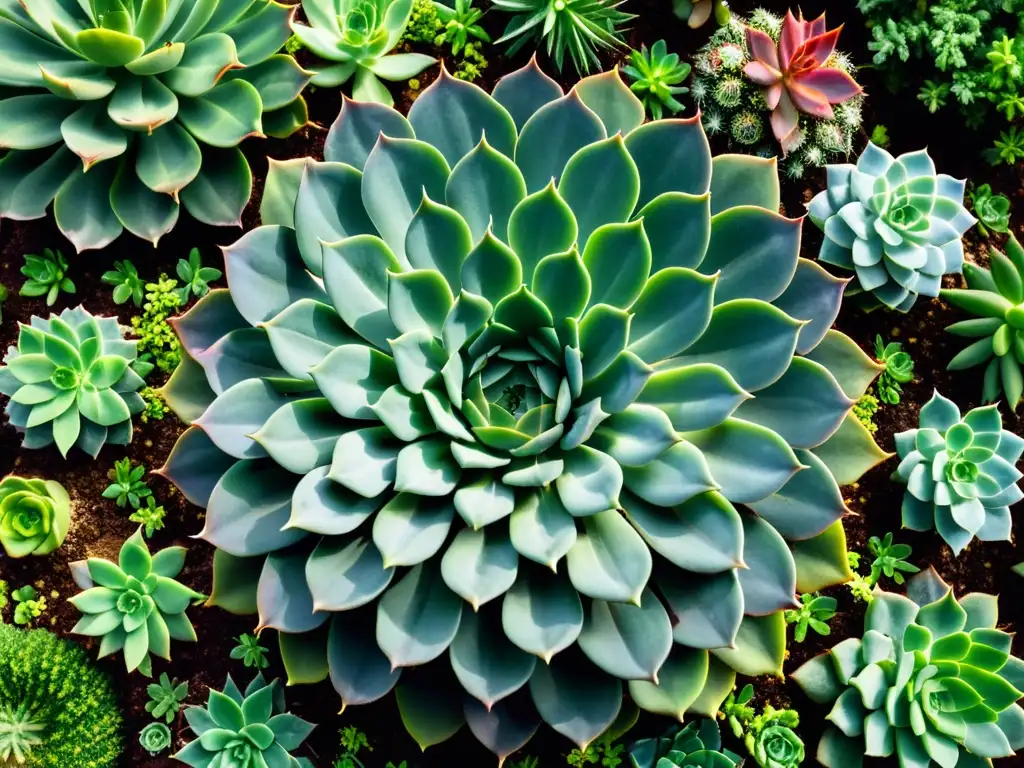 Un jardín de suculentas exuberante y detallado, bañado por la luz solar