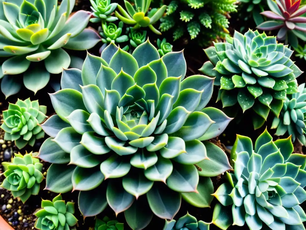 Un jardín de suculentas exuberante y detallado, bañado por la luz del sol con patrones de sombra intrincados en el follaje verde vibrante