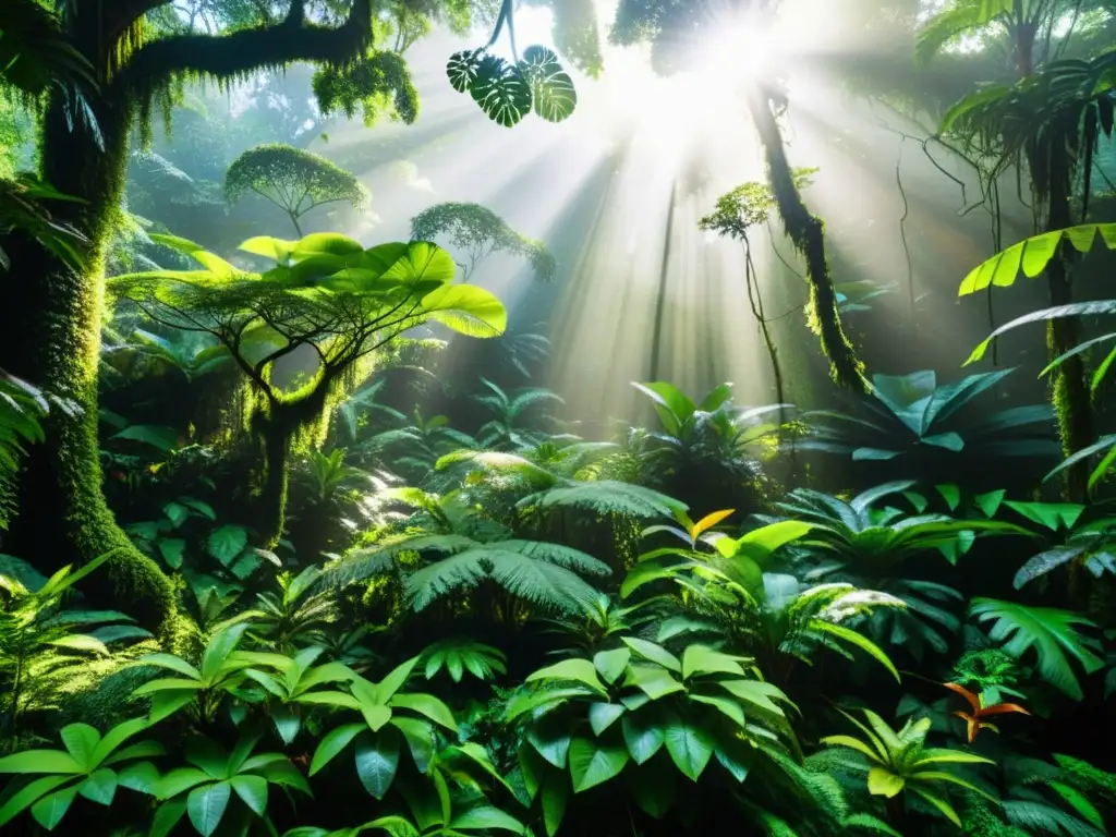 Un exuberante y detallado bosque tropical, con árboles imponentes, follaje vibrante, aves coloridas y una diversidad de plantas