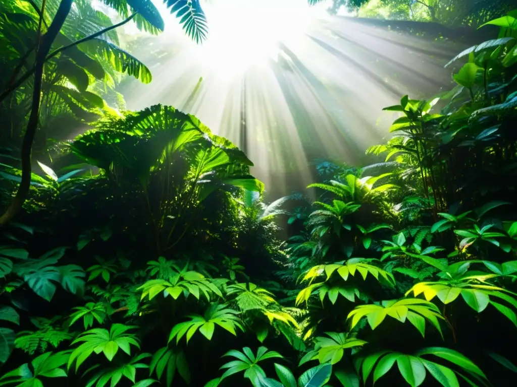 Un exuberante y detallado bosque tropical, con follaje vibrante y diversidad de flora y fauna