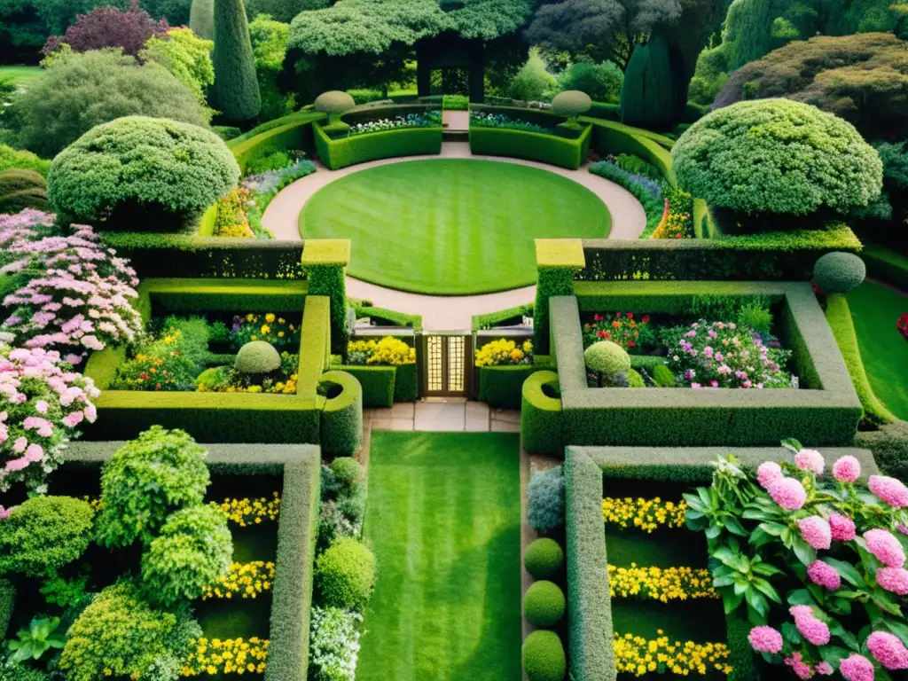 Un jardín botánico exuberante y meticulosamente diseñado, con una sinfonía de flores vibrantes, senderos tranquilos y árboles majestuosos