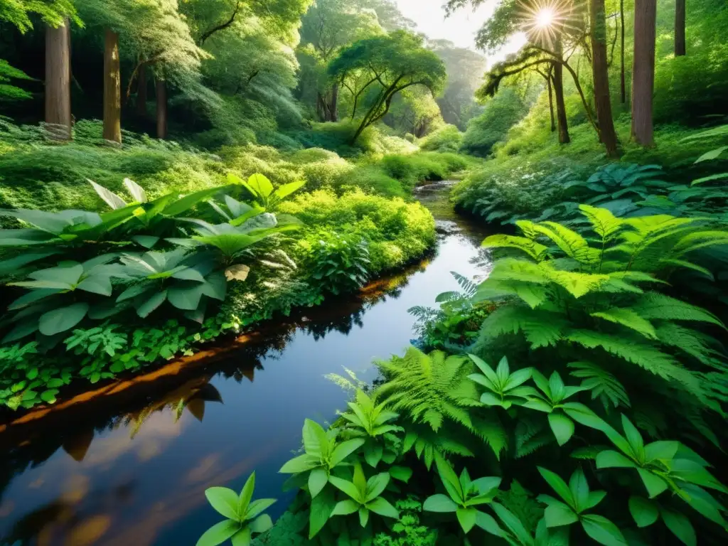 Un exuberante y próspero bosque con una diversa variedad de árboles, plantas y vida silvestre