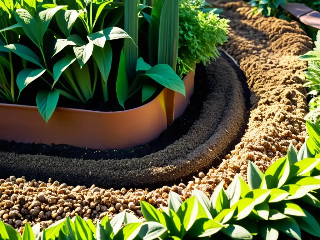 Jardín exuberante con diversidad de técnicas y materiales de mulching, resaltando los beneficios del mulching en jardinería