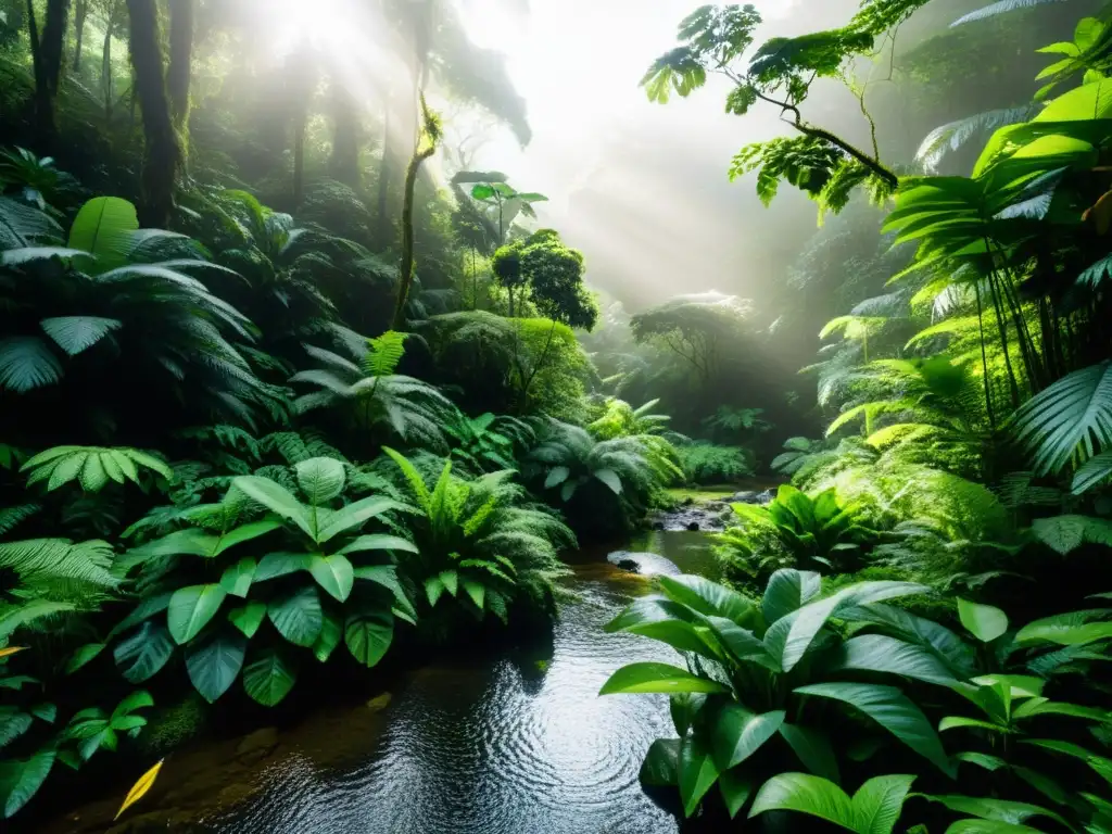 Un exuberante y diverso bosque lluvioso, con luz filtrándose a través del dosel y creando patrones en el suelo