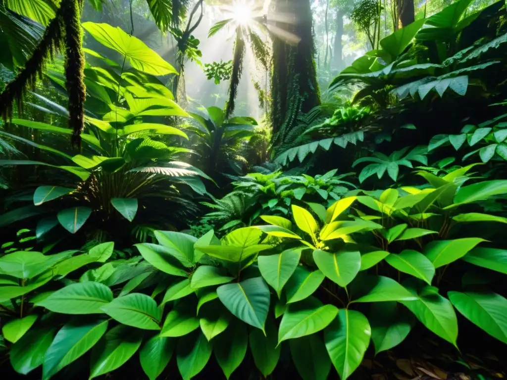 Un exuberante y diverso bosque lluvioso con luz solar filtrada