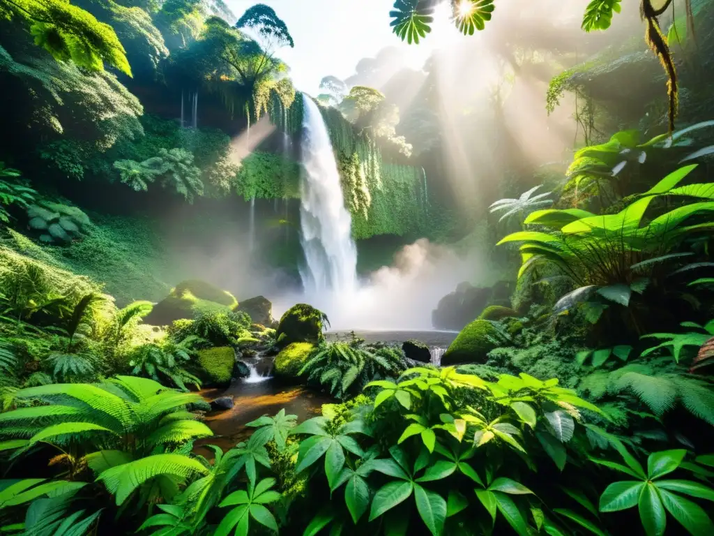 Un exuberante y diverso bosque lluvioso, con un ecosistema vibrante y una cascada etérea