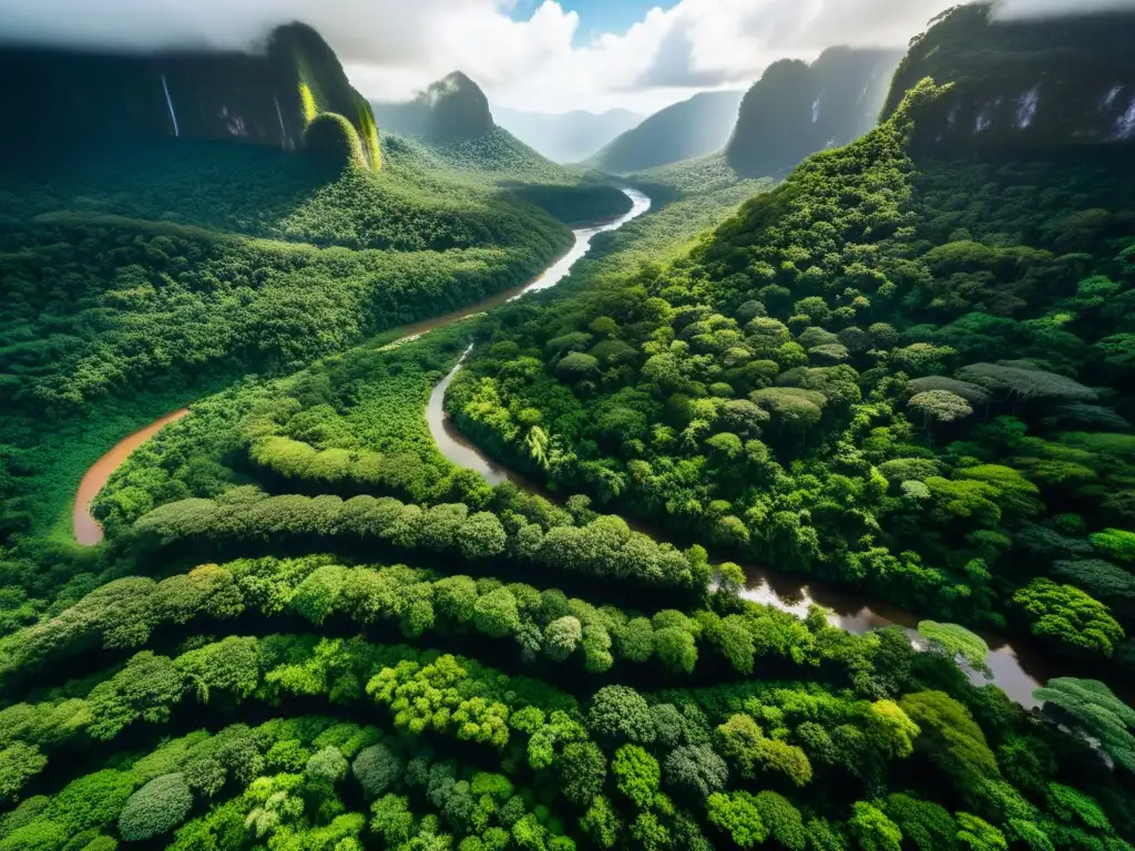 Un exuberante y diverso bosque lluvioso, con un río serpenteante y una biodiversidad deslumbrante