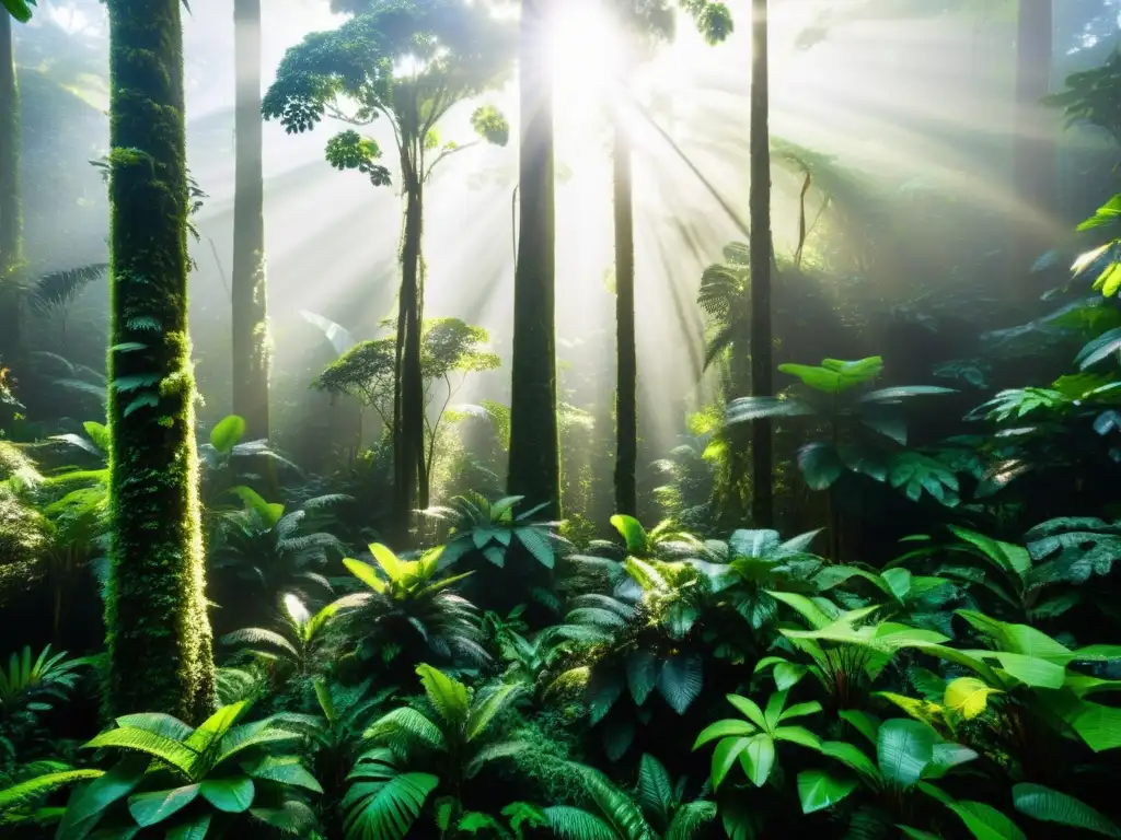 Un exuberante y diverso bosque lluvioso con vida silvestre, árboles imponentes y follaje verde vibrante