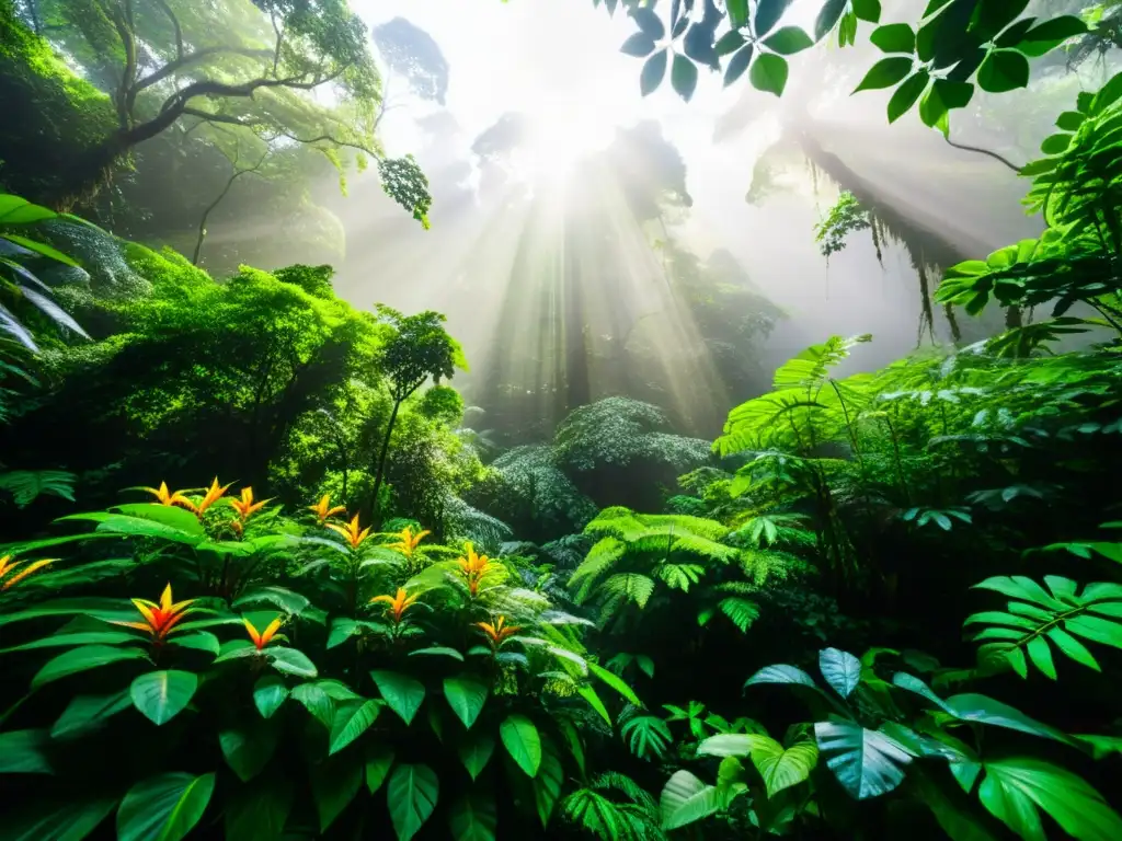 Un exuberante y diverso bosque lluvioso con vida silvestre y vegetación