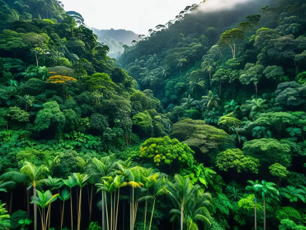 Un exuberante y diverso bosque lluvioso con una rica cubierta de árboles verdes y una variedad de especies vegetales a diferentes alturas