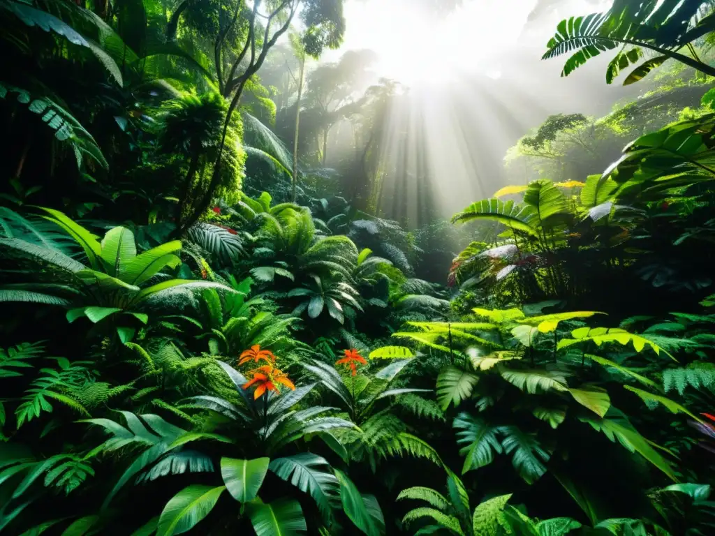 Un exuberante y diverso bosque tropical, con luz solar filtrándose a través del dosel y destacando la rica biodiversidad