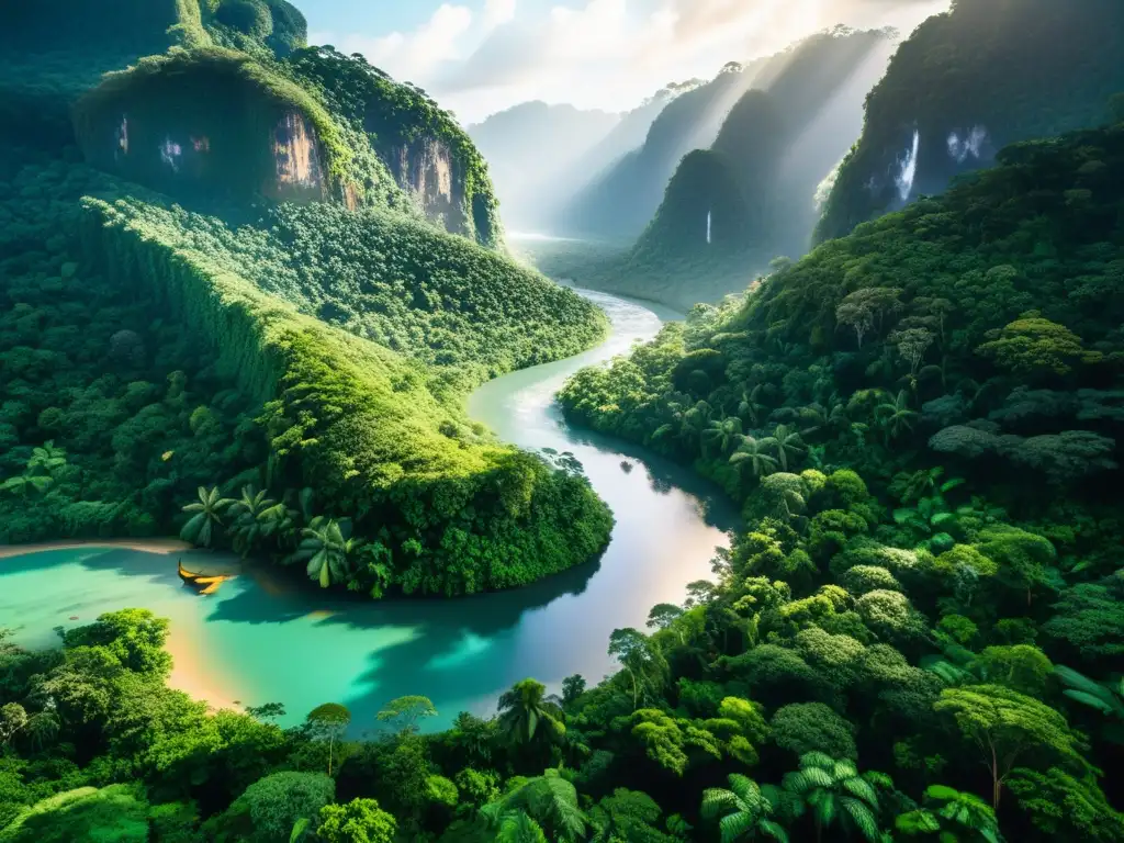 Un exuberante y diverso bosque tropical, con árboles altos, un río cristalino y aves coloridas entre flores